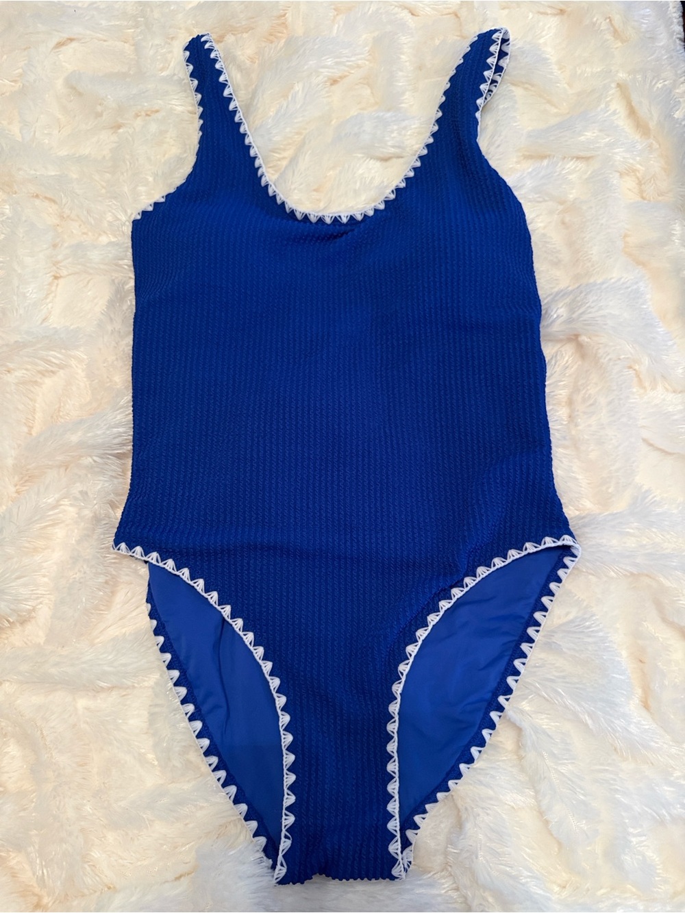 Betsey Johnson Royal Blue One-Piece Swimsuit with White Scallop Trim